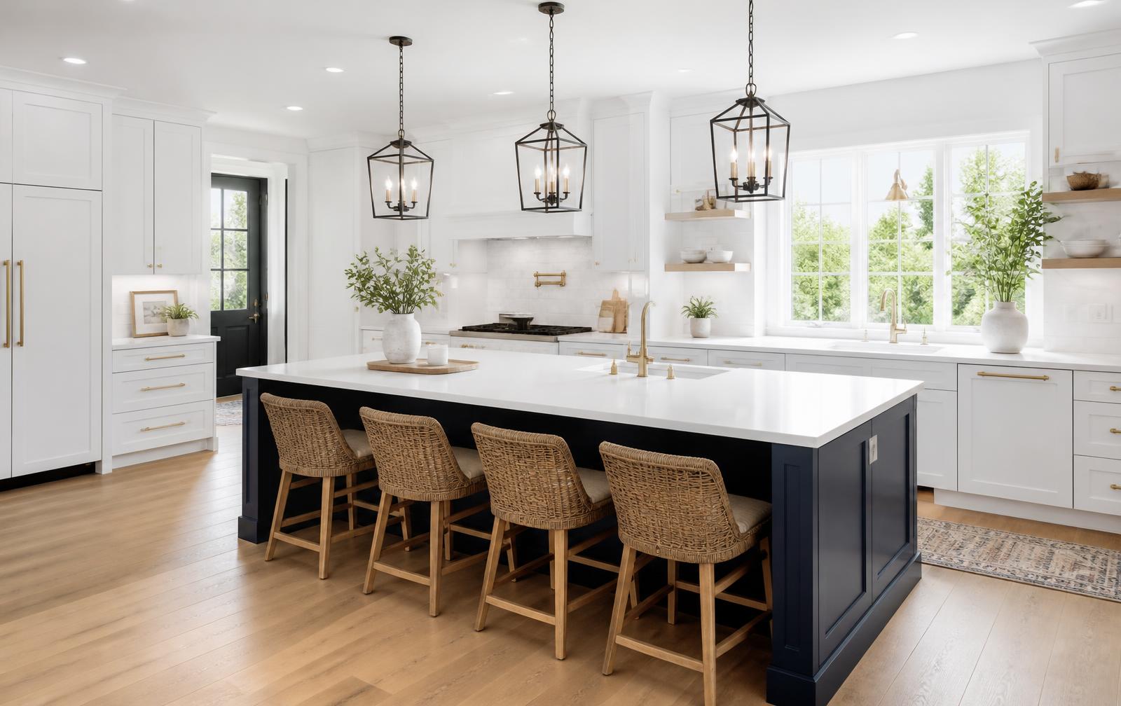 Renovated modern kitchen with large island, pendant lighting and bar stools